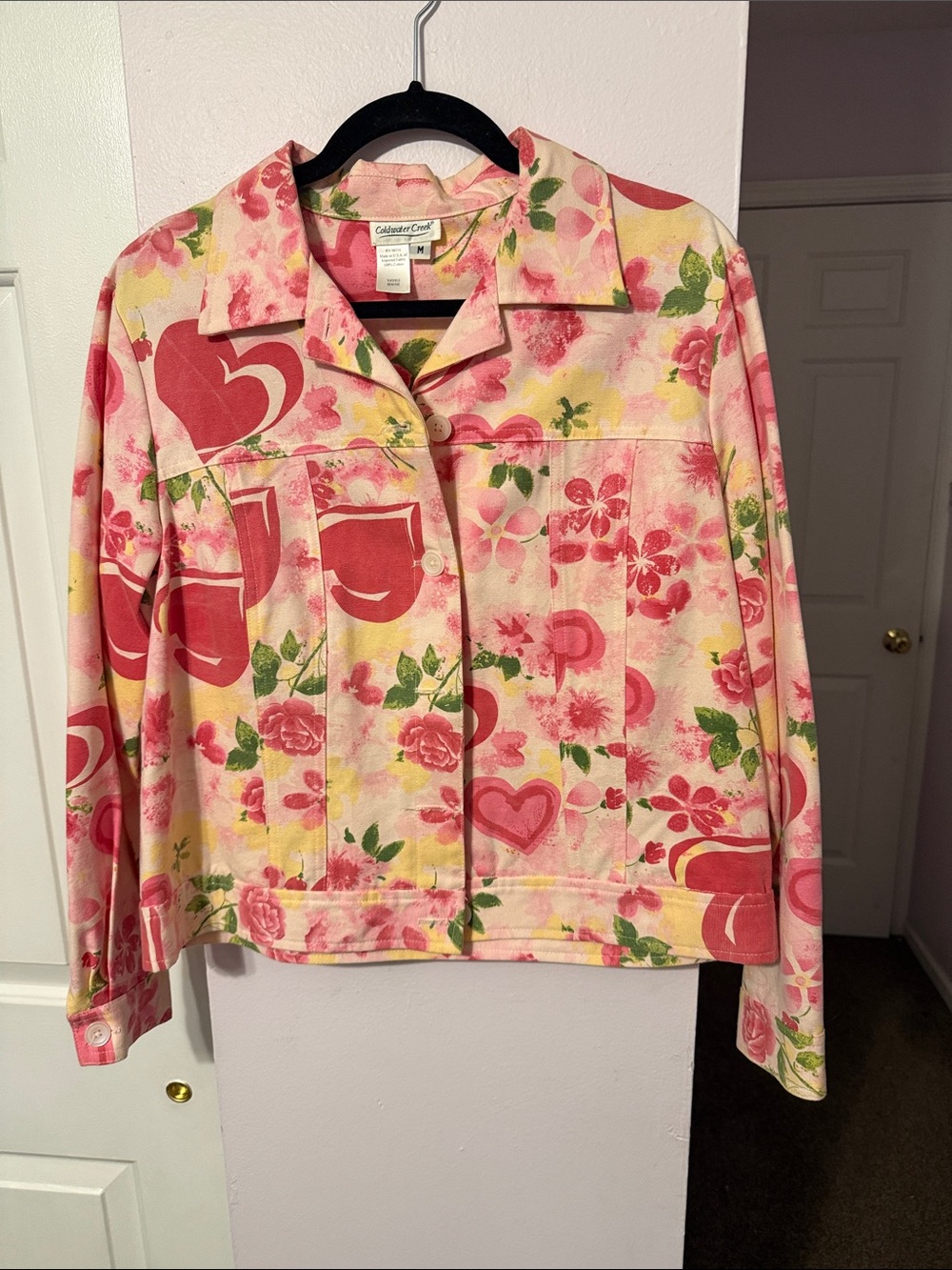 Coldwater Creek Pink Floral Heart Print Denim Jacket. Perfect for fall.